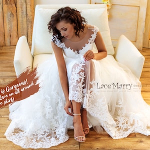 Lacy A-Line Skirt Boho Wedding Dress with Illusion Neckline and Button Back, Lace Wedding Dress, Boho Wedding Dress, Beach Wedding Dress