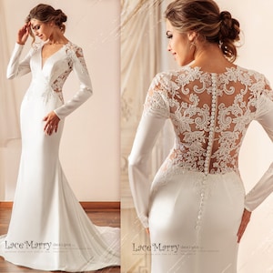 LINA / Long Sleeves Plain Satin Dress with Lace Back, Plain Wedding Dress with Removable Train, Custom Wedding Dress with Sleeves and Train
