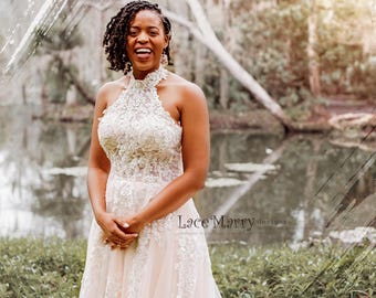 Blush halter wedding dress clearance