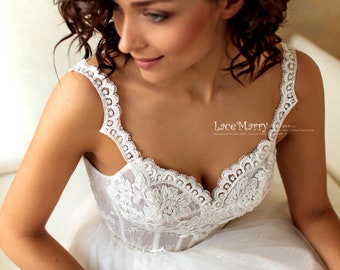 Hand Beaded Sweetheart Corset Wedding Dress, Lace & Tulle Skirt