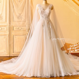 SAFFI / Fairytale Design Wedding Dress with Angel Like Cape Wings and Gorgeous Hand Beading, A Line Wedding Dress with Tulle Cape Wings