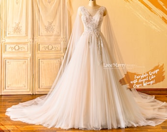 SAFFI / Fairytale Design Wedding Dress with Angel Like Cape Wings and Gorgeous Hand Beading, A Line Wedding Dress with Tulle Cape Wings