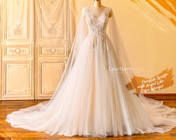 Boho A-Line Chiffon Wedding Dress with Lace Flowers, Cape Sleeve and