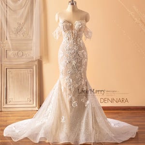 DENNARA / Floral Wedding Dress with Sparkling Glitter Tulle and Removable Off-Shoulder Sleeves, Plunge Neckline Wedding Dress with Beading