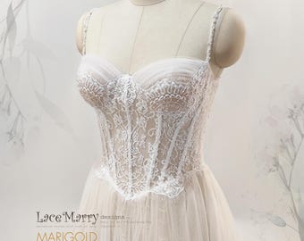 MARIGOLD / Lace Bodice Basque Wedding Gown with Tulle Skirt and Beaded Straps