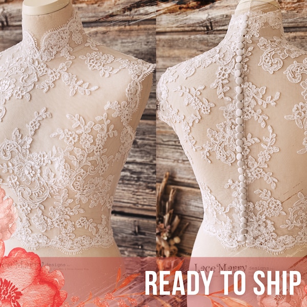 COETZEE / Qipao Neckline Bridal Lace Crop Top with Full Row of Romantic Buttons Closure, Wedding Lace Topper, High Collar Bridal Crop Top