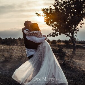 Beautiful Boho Style Wedding Dress with Long Lace Sleeves Featuring Illusion Neckline and Back with Buttons Through and Airy Tulle Skirt image 7