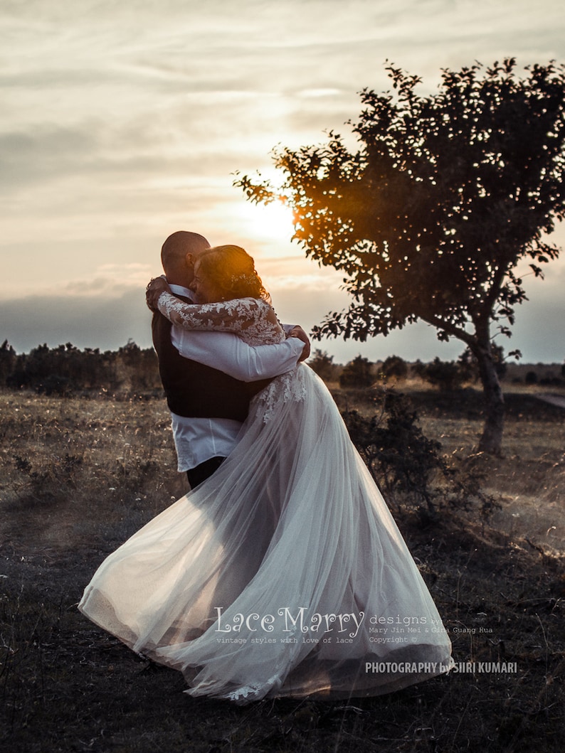 Beautiful Boho Style Wedding Dress with Long Lace Sleeves Featuring Illusion Neckline and Back with Buttons Through and Airy Tulle Skirt image 7