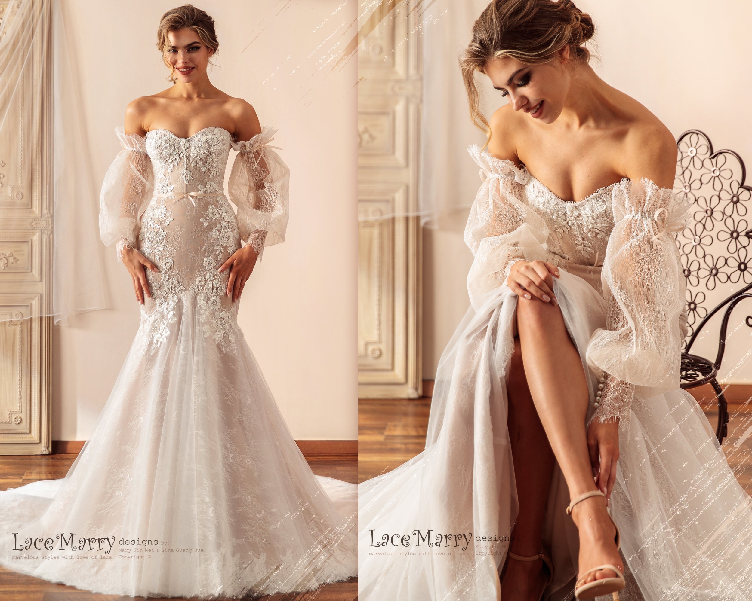 Lux Wedding Dress with Off Shoulder Straps - LaceMarry