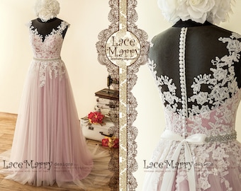 Lilac Underlay Boho Wedding Dress with Illusion Neckline and Sheer Back, Lavender Wedding Dress, Blush Wedding Dress, Bohemian Wedding Dress
