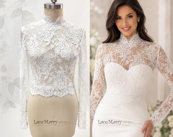 EUDORA / Bridal Lace Topper with Long Lace Sleeves and High Collar