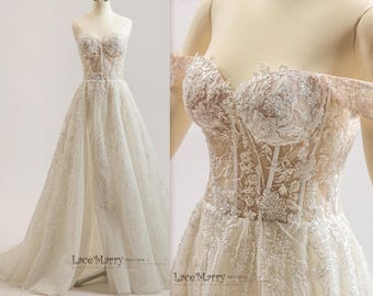 MARCELA / Beaded Floral Applique Wedding Dress: Glitter Tulle A-Line Gown