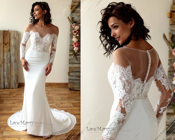 CLEO / Illusion off Shoulder Lace Wedding Dress With Long Sleeves, Fitted  Wedding Dress With Lace Top, Lacy Sleeves Wedding Dress -  Canada