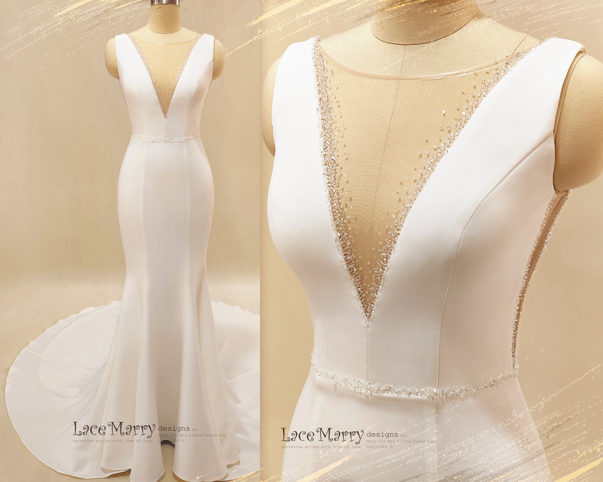Long Sleeves Ivory Double FDY Mermaid Beaded Wedding Dresses Long Sleeves Ivory Double FDY Mermaid Beaded Wedding Dresses