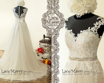 Boho Beach Wedding Dress – Ivory Lace Appliqué, Champagne Silk Satin
