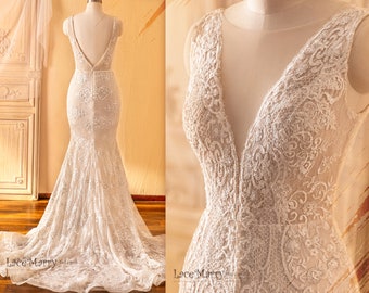 SEDEFE / Abito da sposa in pizzo avorio: scollo a V profondo, schiena scoperta, gonna con spacco