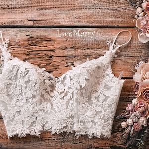 Bridal Lace Top with Thin Straps, Custom Made Wedding Separates, Lace Crop Top, Wedding Skirt with Glitter Tulle, Horsehair Shimmer Skirt