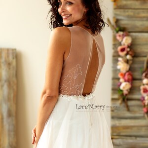 V-Neck Ivory Wedding Dress, Lace Applique Bodice, Sheer Back image 4