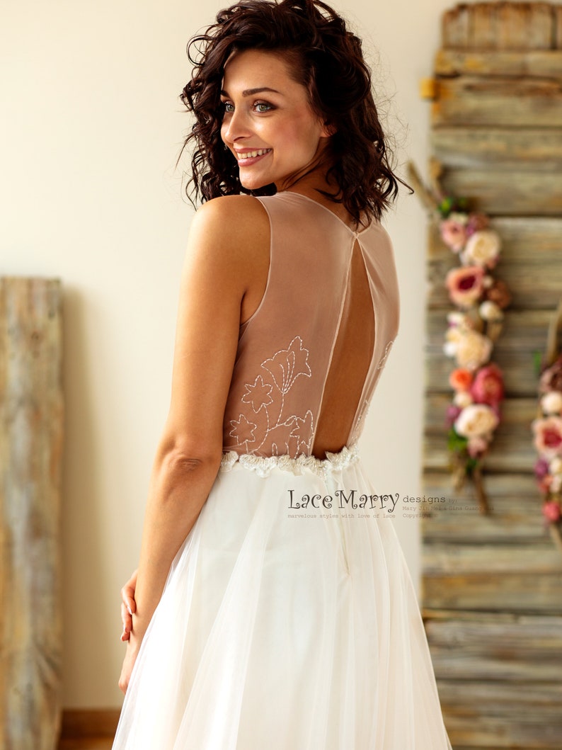 V-Neck Ivory Wedding Dress, Lace Applique Bodice, Sheer Back image 4