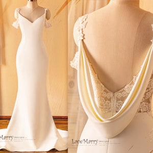 AQUENE / Romantic Dropped Back Wedding Dress with Off Shoulder Design, Simple Wedding Dress with Open Back, Plain Wedding Dress
