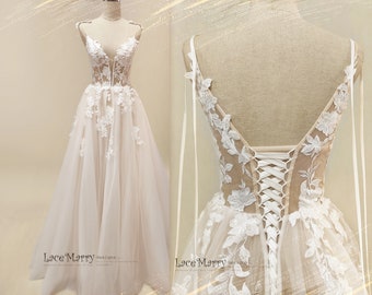 AXELLE / A-Line Boho Wedding Dress: Ivory Flower Appliques, V Neck Lace Bridal Gown