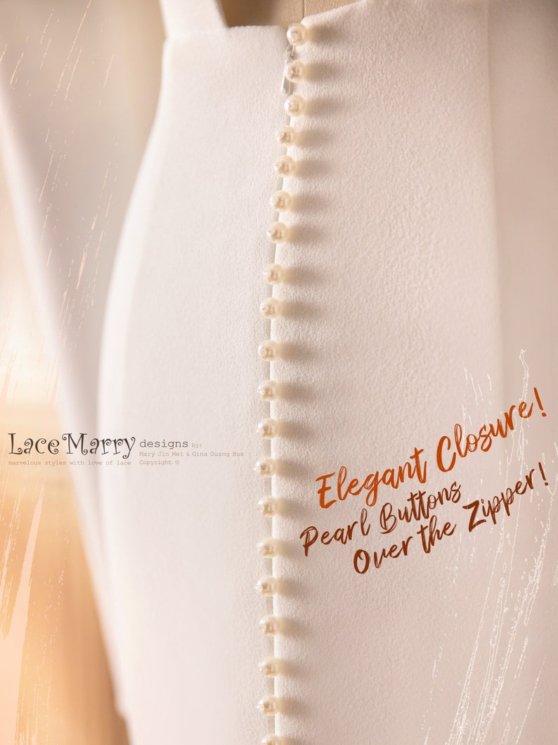 May include: A white dress with a zipper closure and a row of pearl buttons down the back. The text "Elegant Closure! Pearl Buttons Over the Zipper!" is written in orange on the dress.