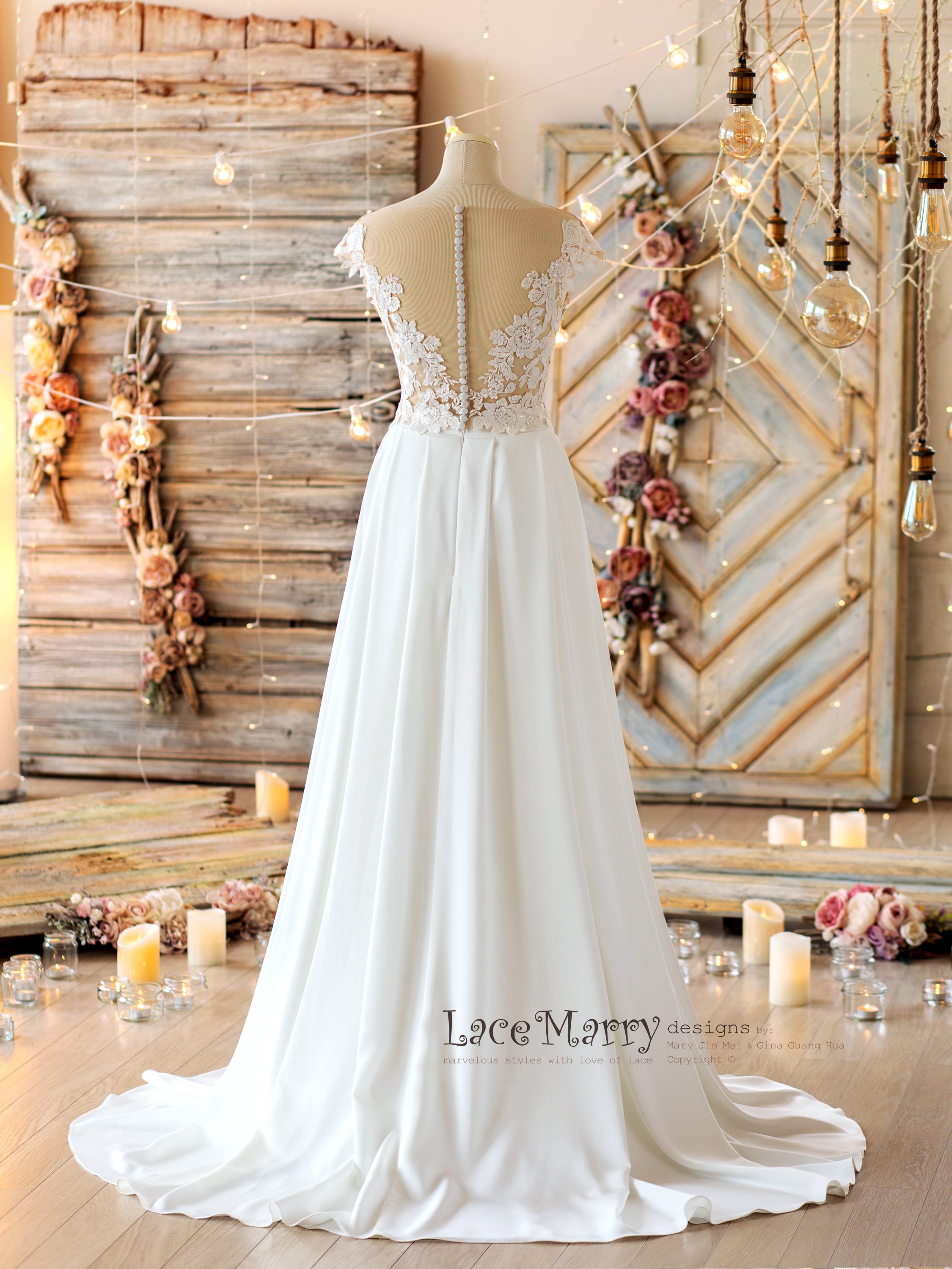 Sparkling Flower Applique Bridal Top, Crepe A-Line Wedding Skirt Separates Sparkling Flower Applique Bridal Top, Crepe A-Line Wedding Skirt Separates