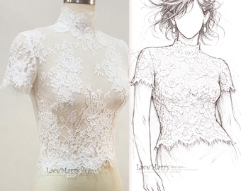 FEDERICA / Couture Bridal Lace Top with High Neck and Small Sleeves