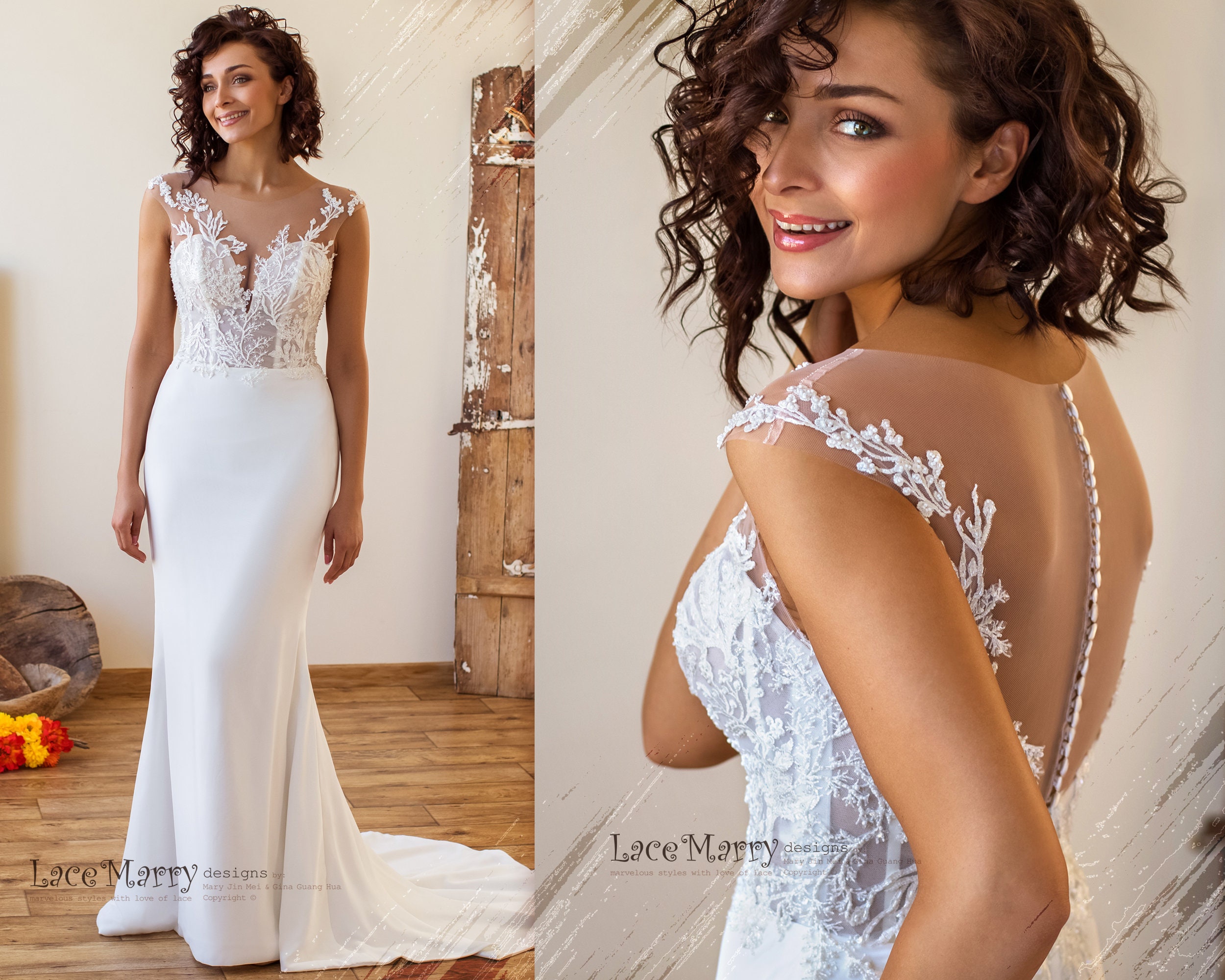 ELIFE / Illusion Neck Wedding Dress with Plain Skirt and Beading, Elegant Wedding Dress with Fit and Flare Chiffon Skirt, Civil Wedding Gown
