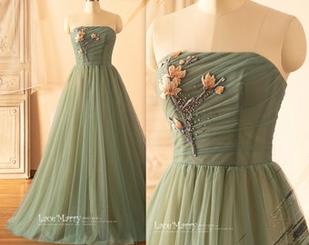 GRETA / Green Wedding Dress with Colored Flower Applique and Nude Lining, Straight Neckline A Line Wedding Dress in Green Color