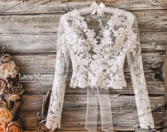 ERIKA #10 / Soft Bridal Crop Top with Long Sleeves, Boho Bridal Top, Plus Size Wedding Top, Wedding Separate, Wedding Lace Top