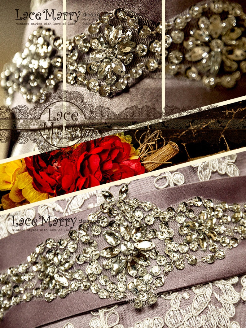 Vintage Inspired Bridal Beaded Sash Violette Splendid Handmade Rhinestone and Sequin Flower Beadwork Satin Sash to Tie on the Back