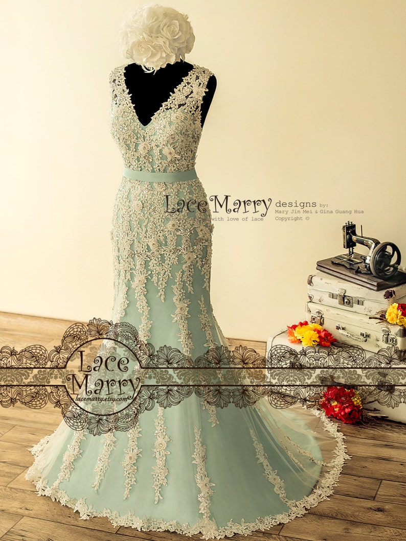 Fabulous Teal Wedding Dress With Intensive Beaded Venice Lace Etsy