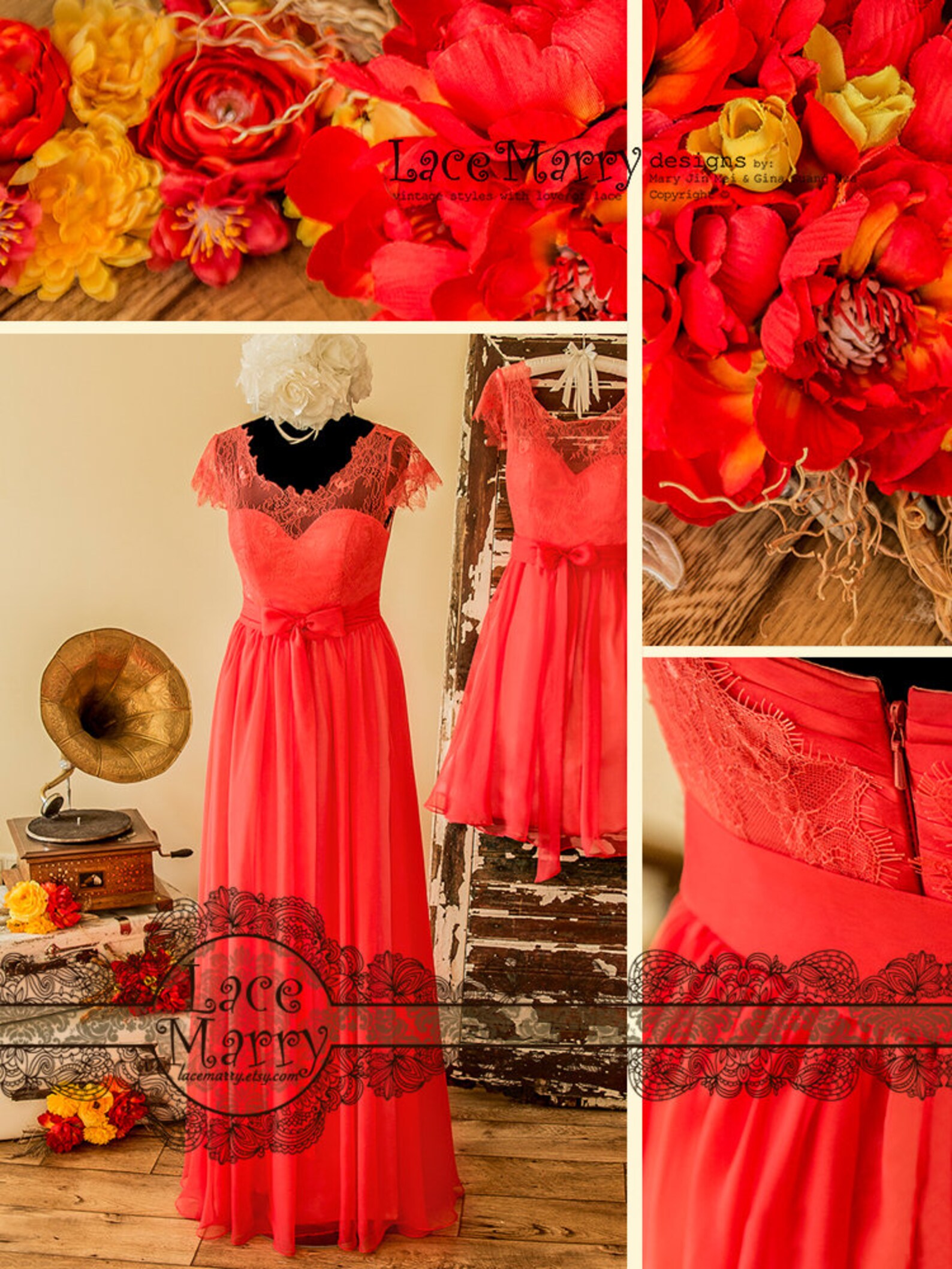 Bright Coral Bridesmaid Dress in Chantilly Lace and Silk Etsy