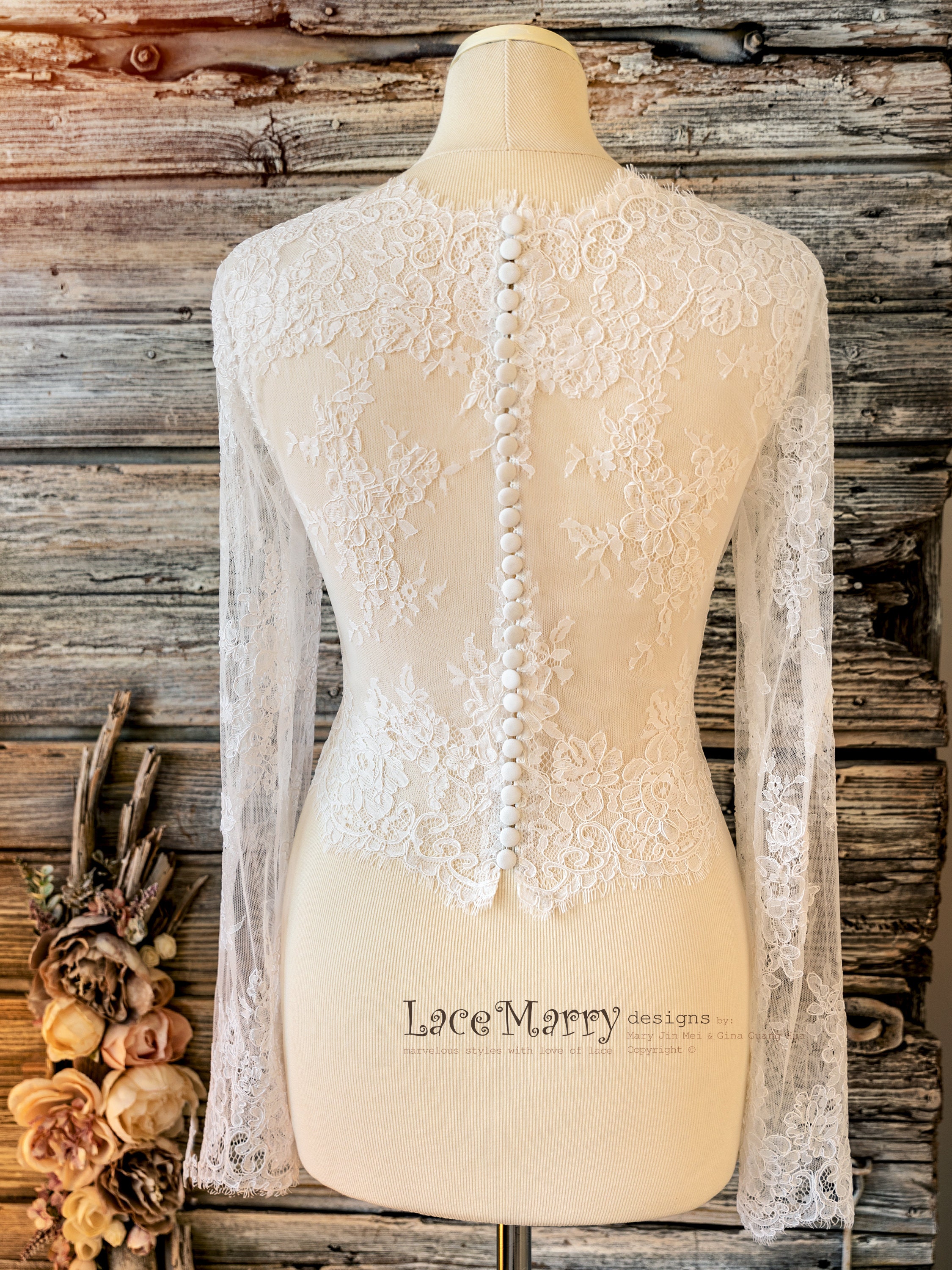 ★LANG&LU★ MAGNOLIA Lace TopMagnoliaGREY MAGNOLIA #3 / Elegant Lace Bridal Top With Long Sleeves