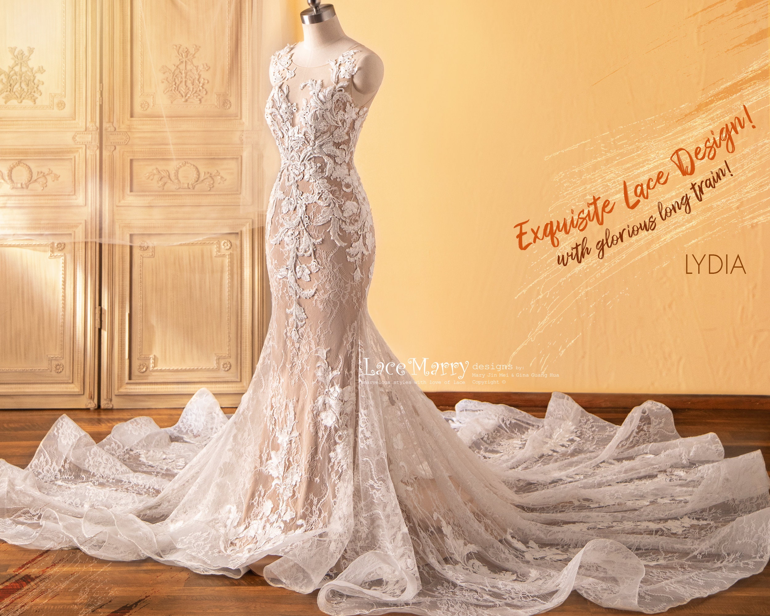 LYDIA / Breathtaking Lace Wedding Dress With Long Train, Fitted 