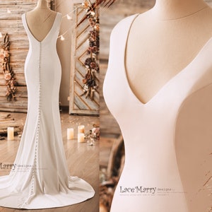 CLEMENTINE / Simple and Elegant Wedding Dress from Luxury Elastic Crepe in Fitted Slim A Line Shape with V Cut Neckline, Minimalist Dress