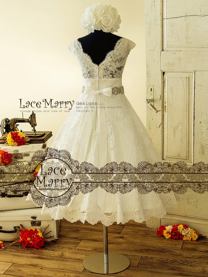 Tea Length Wedding Dress from Alencon Scalloped Lace with Illusion V Neckline and V Cut Back in Wide A Line Shape Short Wedding Dress image 3