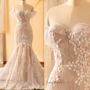 TALIA / Mermaid Wedding Dress with Strapless Bodice and Off Shoulder Sleeves, Fitted Lace Wedding Dress, Colored Wedding Dress