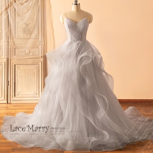 ALIZA / Gray Tulle Wedding Dress: V-Neck A-Line Prom Gown