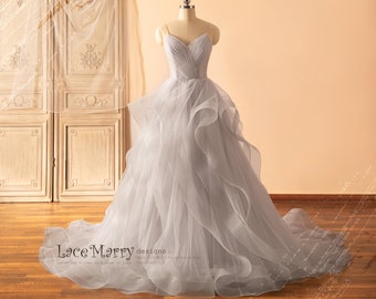 ALIZA / Gray V-Neck Wedding Dress | Prom & Wedding Party Gown | Floor-Length Tulle A-Line Dress