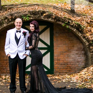 Black Wedding Dress with Sheer Open Back, Buttons and Long Sleeves in Floor Length with Transparent Slits and Train Renewal Dress image 2