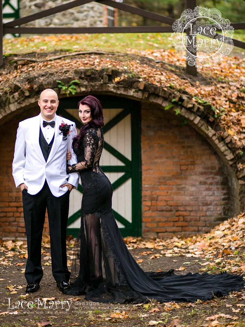 Black Wedding Dress with Sheer Open Back, Buttons and Long Sleeves in Floor Length with Transparent Slits and Train Renewal Dress image 2