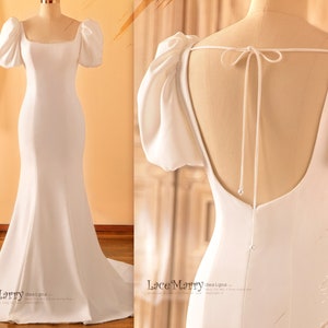 MADIA / Square Neckline Wedding Dress with Short Puff Sleeves, Plain Wedding Dress, Civil Wedding Dress, Simple Wedding Dress with Sleeves