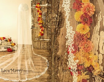 Velo de novia de encaje de catedral, velo de novia largo de un solo nivel con apliques de encaje de alencon / velos de novia, velos de boda, velos largos, velos de encaje