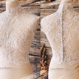 COETZEE / Qipao Neck Bridal Lace Crop Top with Full Row of Romantic Buttons Closure, Wedding Lace Topper, High Collar Bridal Crop Top