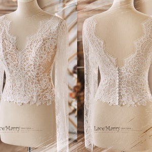 MALOU #1 / Lace Bridal Bolero: Ivory Floral Long Sleeve Crop Top