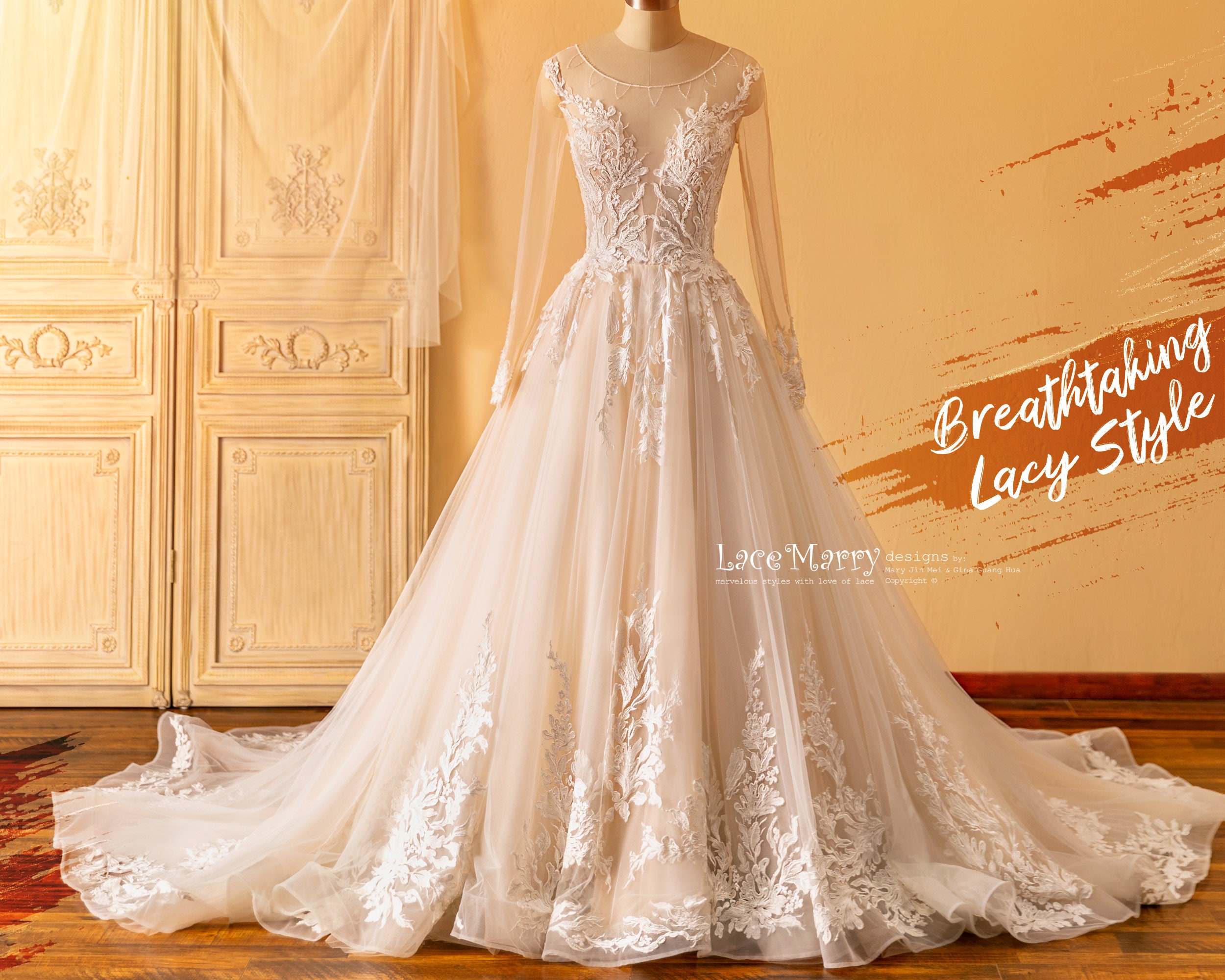 DENA / A Line Wedding Dress With Long Sleeves, Lace Wedding