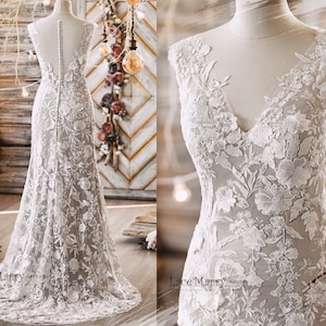 MARIE / Boho Wedding Dress with Colored Underlay, Boho Beach Wedding Dress, Casual Wedding Dress, 3D Lace Wedding Dress with Low Sexy Back