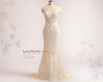 GOLDA / Beaded Floral Wedding Dress: Strapless Fit and Flare Gown